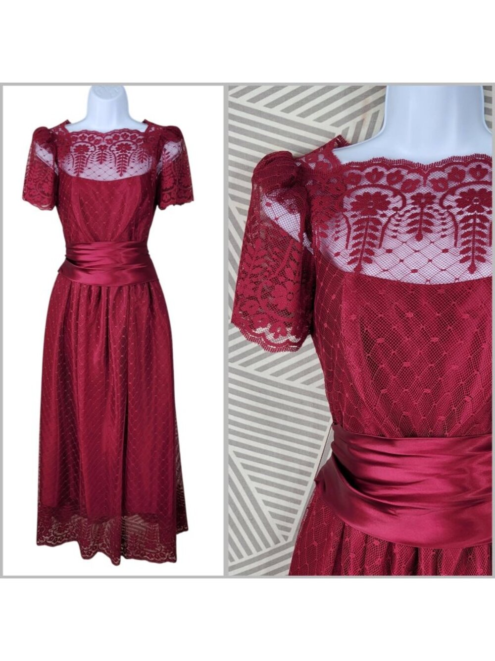Vintage 70s Lace Layered Dress size 4/6 Prom Dance Burgundy Red Long Satin Bow
